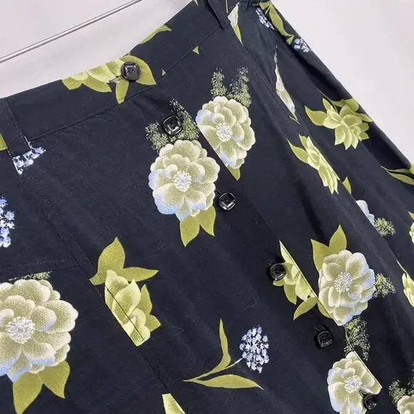 Vtg Sag Harbor Skirt Large Black Green Floral Button Front Midi Fairy Grunge Y2K - Picture 3 of 10